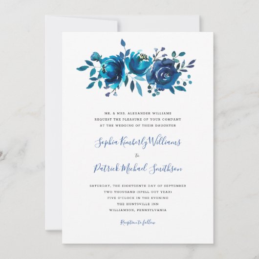 Indigo Blue Floral + traditionele term bruiloft Kaart (Voorkant)