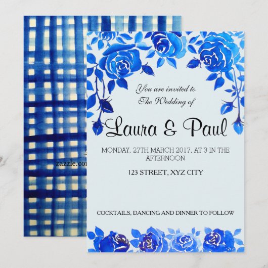 Indigo Blue Floral Wedding Kaart (Voorkant / Achterkant)
