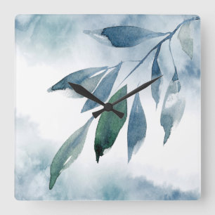 Indigo Blue Green Abstracte Leaves Vierkante Klok