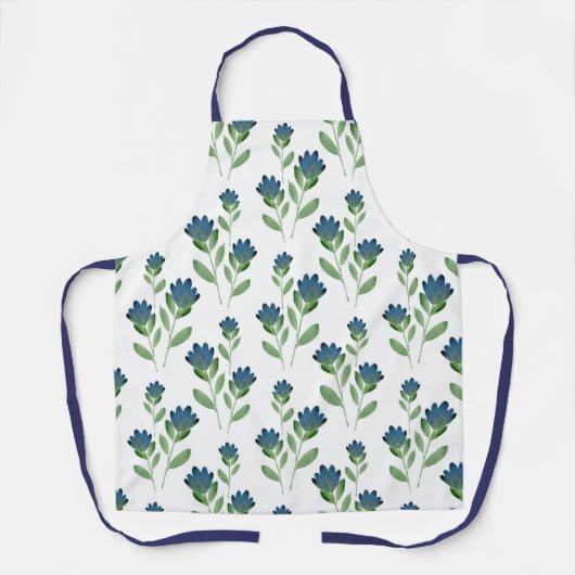 Indigo Blue, Green Waterverf Flower Pattern Schort (Voorkant)