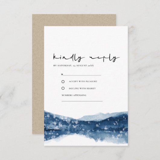 INDIGO BLUE LAKE MOUNTAINS SNOWFALL WEDDING RSVP INFORMATIEKAARTJE (Voorkant / Achterkant)
