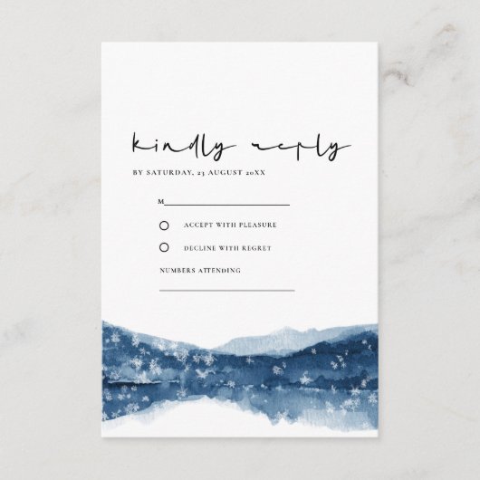 INDIGO BLUE LAKE MOUNTAINS SNOWFALL WEDDING RSVP INFORMATIEKAARTJE (Voorkant)