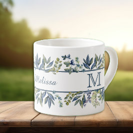 Indigo Blue Leaves Border Monogram Espresso Kop