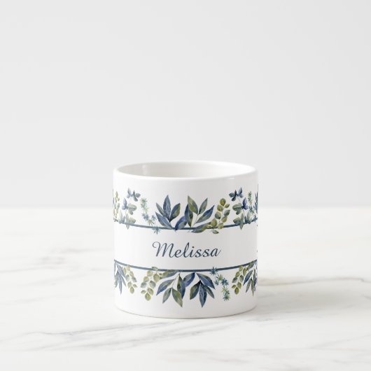 Indigo Blue Leaves Border Monogram Espresso Kop (Voorkant)