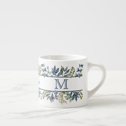 Indigo Blue Leaves Border Monogram Espresso Kop (Rechts)
