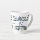 Indigo Blue Leaves Border Monogram Latte Mok (Rechterhoek)