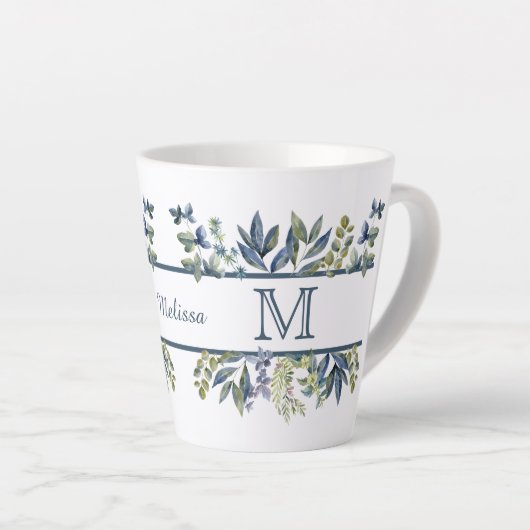 Indigo Blue Leaves Border Monogram Latte Mok (Rechterhoek)