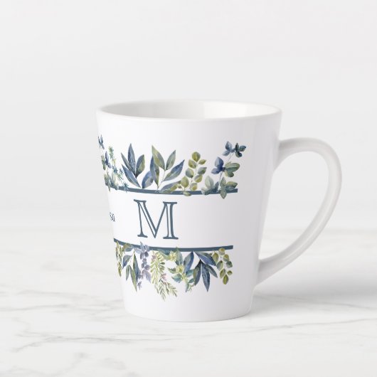 Indigo Blue Leaves Border Monogram Latte Mok (Rechts)