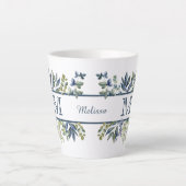 Indigo Blue Leaves Border Monogram Latte Mok (Voorkant)