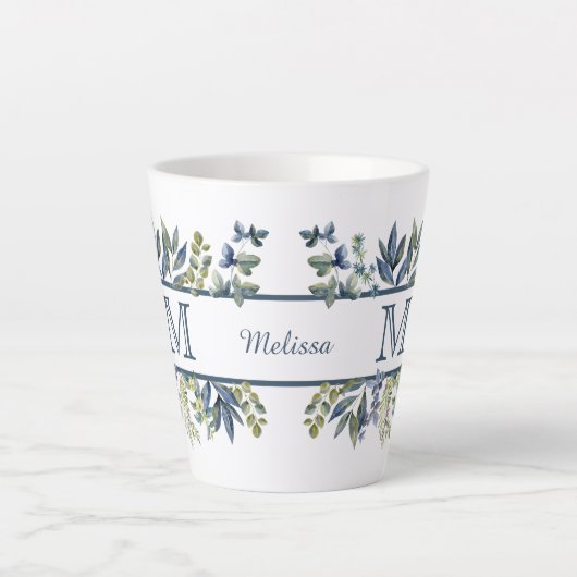 Indigo Blue Leaves Border Monogram Latte Mok (Voorkant)