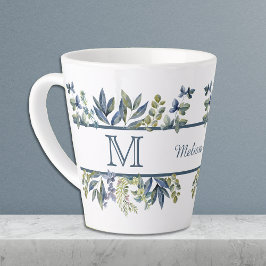 Indigo Blue Leaves Border Monogram Latte Mok