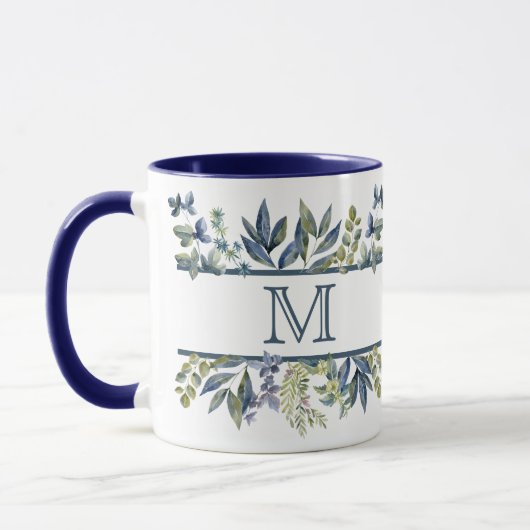Indigo Blue Leaves Border Monogram Mok (Links)