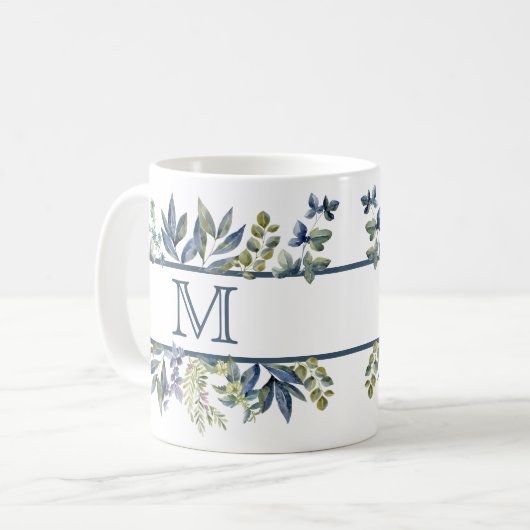 Indigo Blue Leaves Border Monogram Mok (Voorkant links)