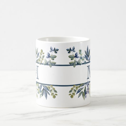 Indigo Blue Leaves Border Monogram Mok (Center)