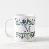 Indigo Blue Leaves Border Monogram Mok (Links)