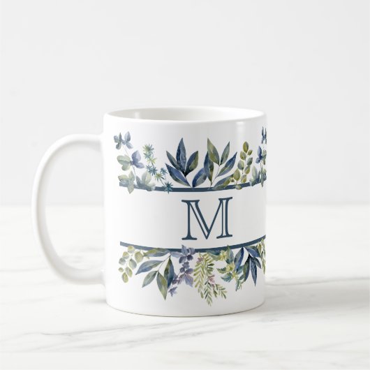 Indigo Blue Leaves Border Monogram Mok (Links)