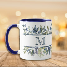 Indigo Blue Leaves Border Monogram
