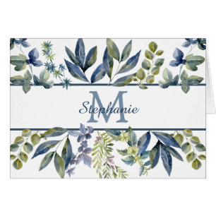 Indigo Blue Leaves Border Monogram Note Kaart