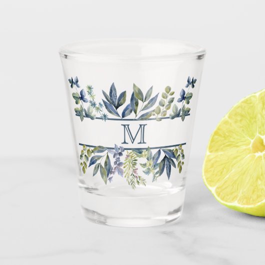 Indigo Blue Leaves Border Monogram Shot Glas (Voorkant)