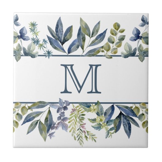 Indigo Blue Leaves Border Monogram Tegeltje (Voorkant)