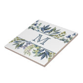 Indigo Blue Leaves Border Monogram Tegeltje (Zijkant)