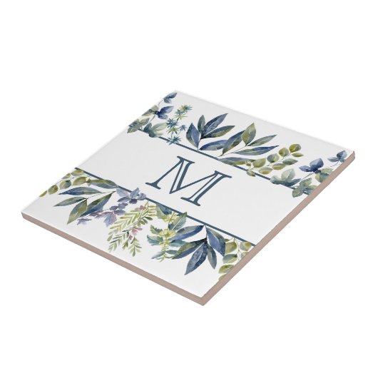 Indigo Blue Leaves Border Monogram Tegeltje (Zijkant)