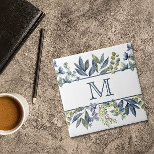 Indigo Blue Leaves Border Monogram Tegeltje