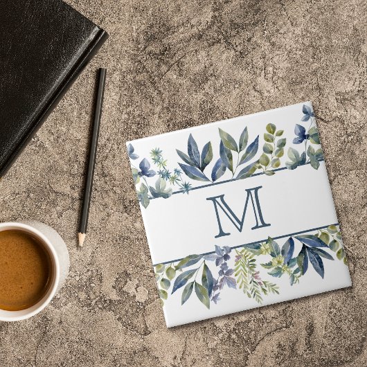 Indigo Blue Leaves Border Monogram Tegeltje