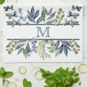 Indigo Blue Leaves Border Monogram Theedoek (Gevouwen)