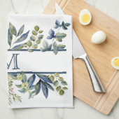 Indigo Blue Leaves Border Monogram Theedoek (Quarter Fold)