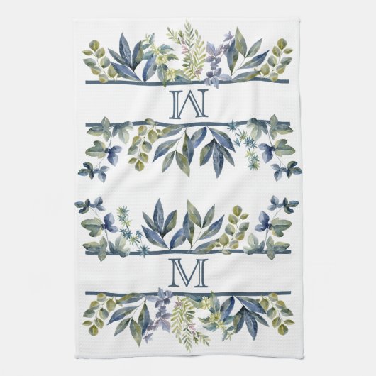 Indigo Blue Leaves Border Monogram Theedoek (Verticaal)