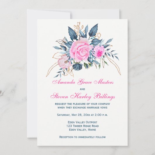 Indigo Blue met roze rozen als uitnodiging tot huw (Voorkant)