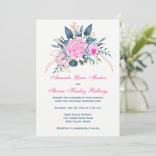 Indigo Blue met roze rozen als uitnodiging tot huw (Staand voorkant)