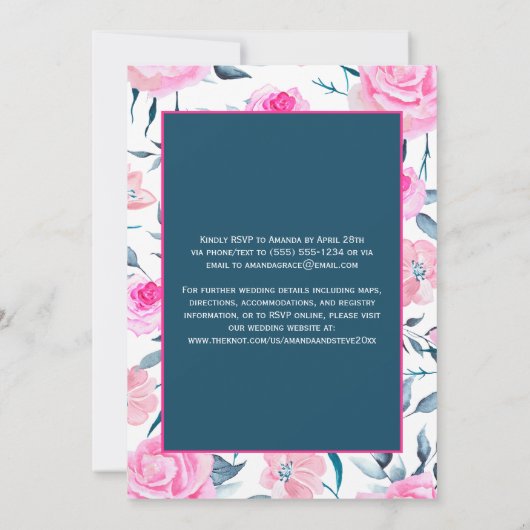 Indigo Blue met roze rozen als uitnodiging tot huw (Achterkant)