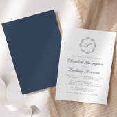 Indigo Blue Monogram Wreatscript Wedding Kaart