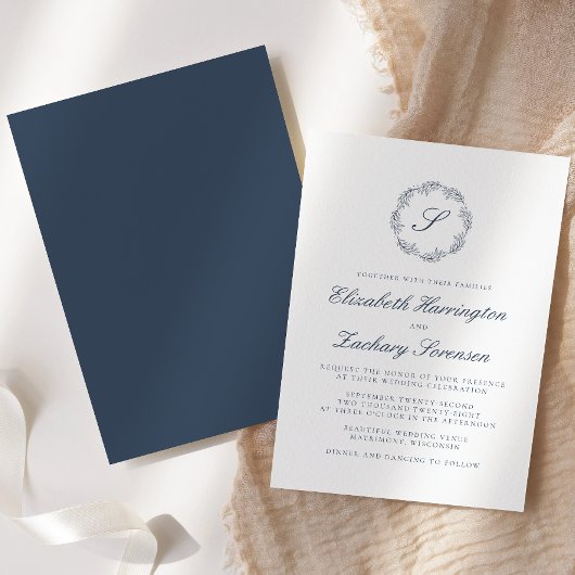 Indigo Blue Monogram Wreatscript Wedding Kaart