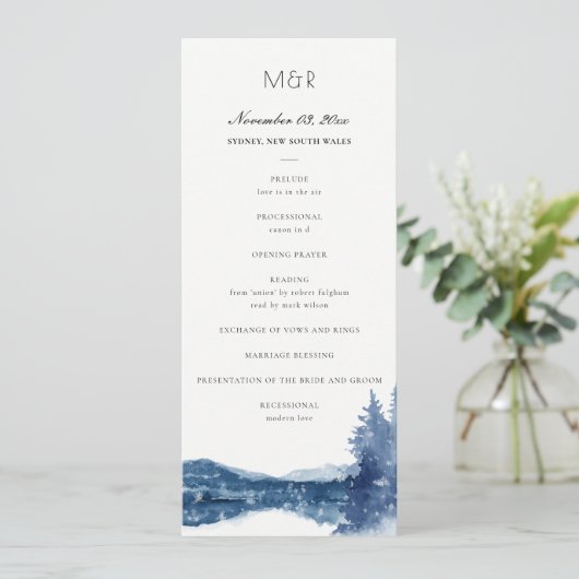 INDIGO BLUE MOUNTAIN LAKE WEDDING CEREMONY PROGRAM MENU (Staand voorkant)