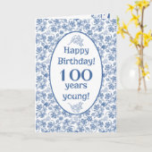 Indigo Blue op White Floral 100th Birthday Kaart (Gele Bloem)