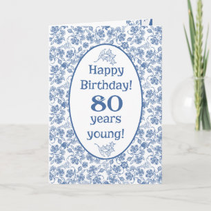 Indigo Blue op White Floral 80th Birthday Kaart