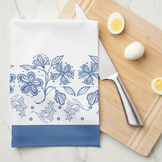 Indigo Blue op White Floral Border Kitchen Towel Theedoek (Quarter Fold)