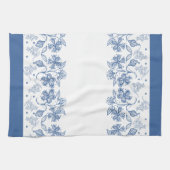 Indigo Blue op White Floral Border Kitchen Towel Theedoek (Horizontaal)