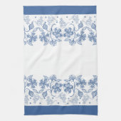 Indigo Blue op White Floral Border Kitchen Towel Theedoek (Verticaal)