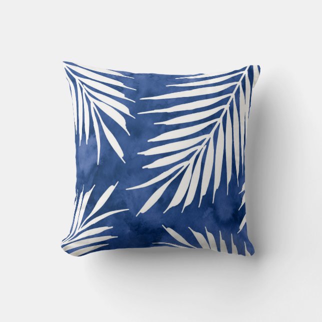 Indigo Blue Palm Leaves Waterverf Silhouette Kussen (Voorkant)