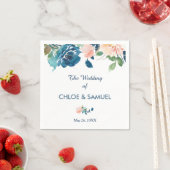 Indigo Blue Peach Rozen Border Wedding Servetten (Insitu)