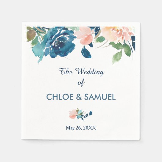 Indigo Blue Peach Rozen Border Wedding Servetten (Voorkant)