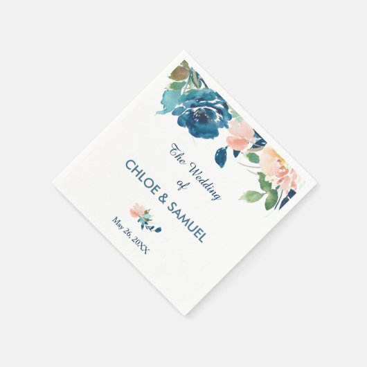 Indigo Blue Peach Rozen Border Wedding Servetten (Hoek)