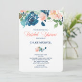 Indigo Blue Peach Rozen bruids doucheuitnodiging Kaart (Staand voorkant)