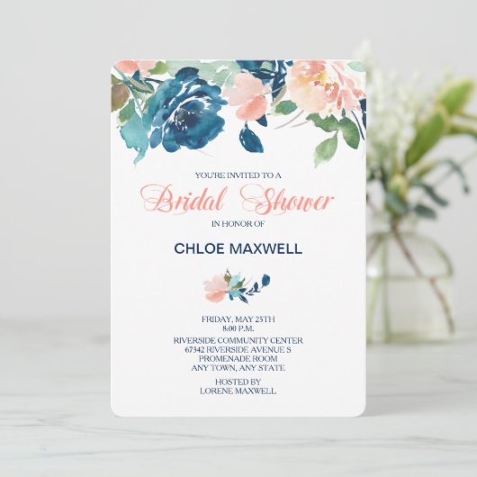 Indigo Blue Peach Rozen bruids doucheuitnodiging Kaart (Staand voorkant)