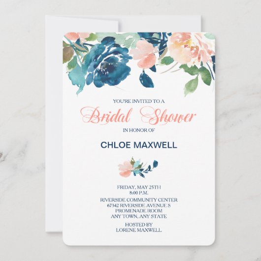 Indigo Blue Peach Rozen bruids doucheuitnodiging Kaart (Voorkant)