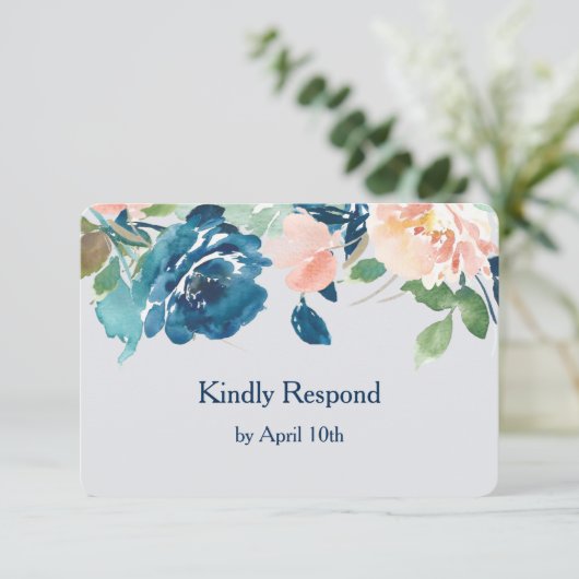 Indigo Blue Peach Rozen Wedding RSVP (Staand voorkant)